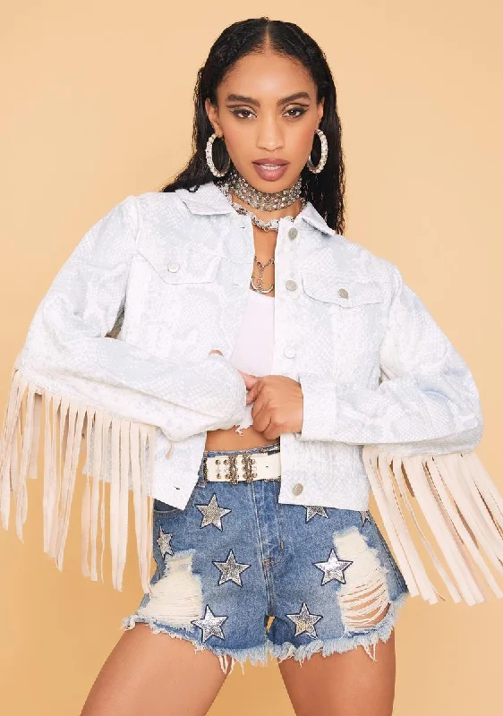 Charming Women's Garments Ivory Cowgirl Chic Snakeprint Fringe Jacket