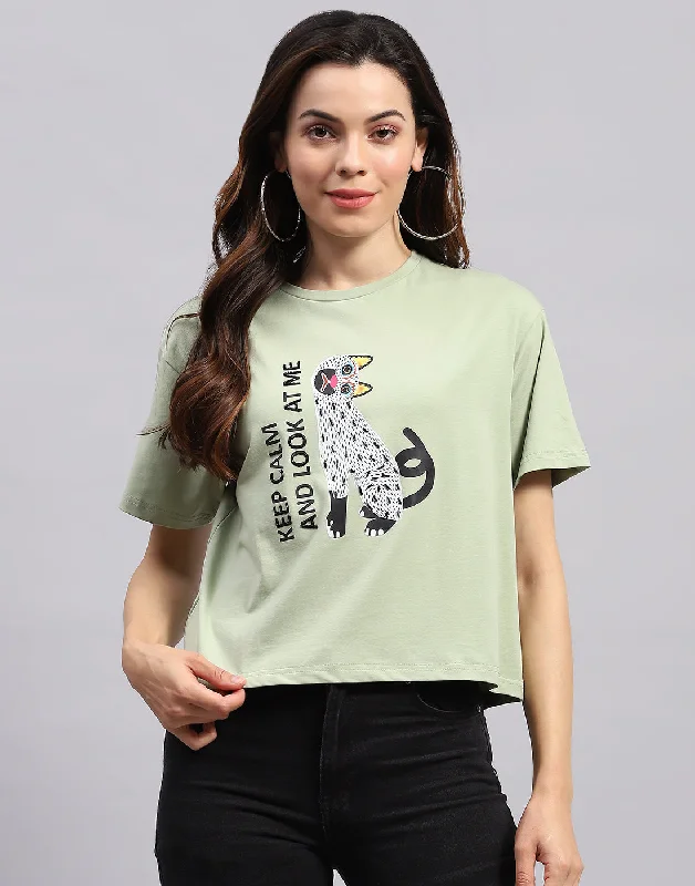 Women's Contemporary Apparel Women Green Printed Round Neck Half Sleeve Top