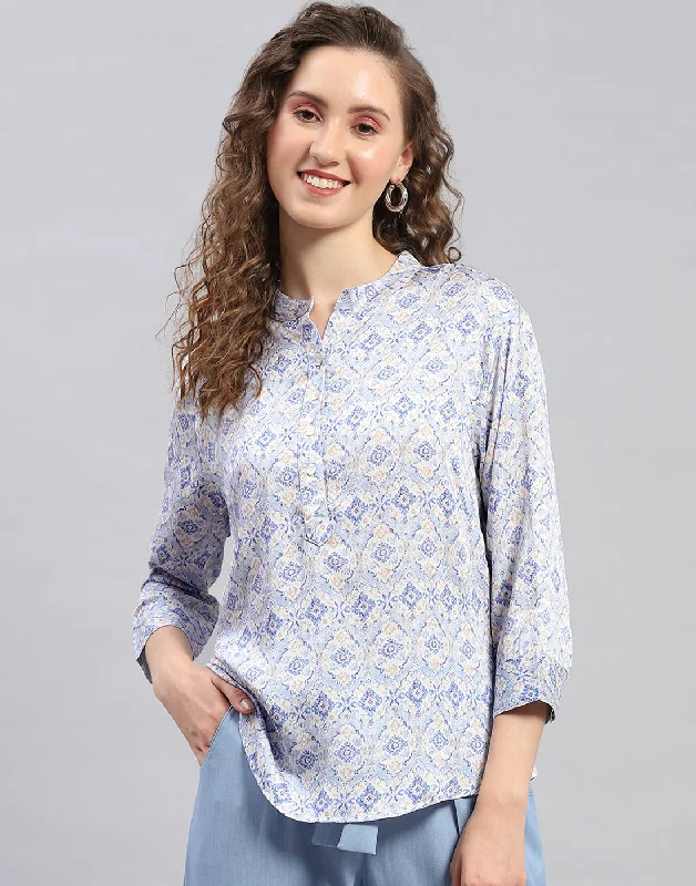 Women's Transitional Clothes Women Sky Blue Printed  Mandarin Neck 3/4 Sleeve Top