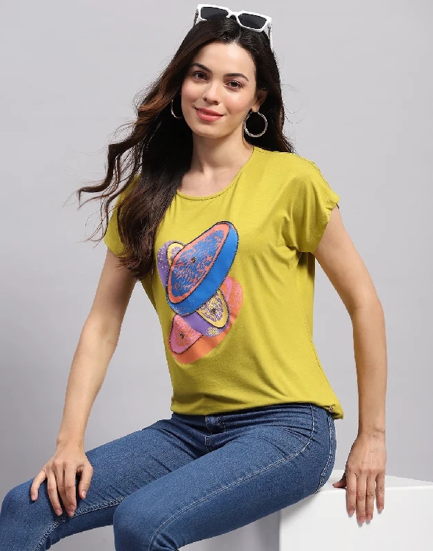 Women's Transitional Attire Women Yellow Printed Round Neck Half Sleeve Top