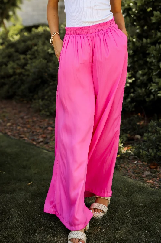 Classic Clothes For Women FINAL SALE - Exquisite Approach Pink Satin Wide Leg Pants