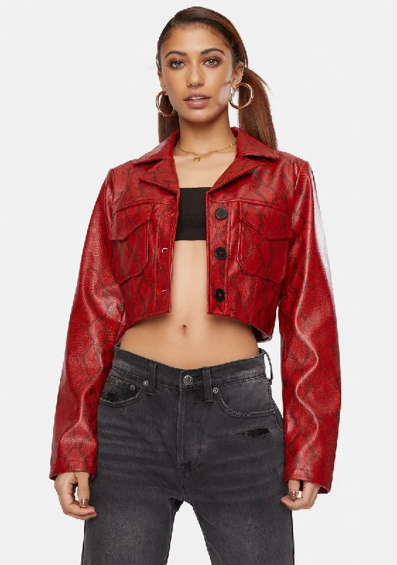 Women's Vintage Attire Crimson Python Victoria Vegan Leather Crop Jacket