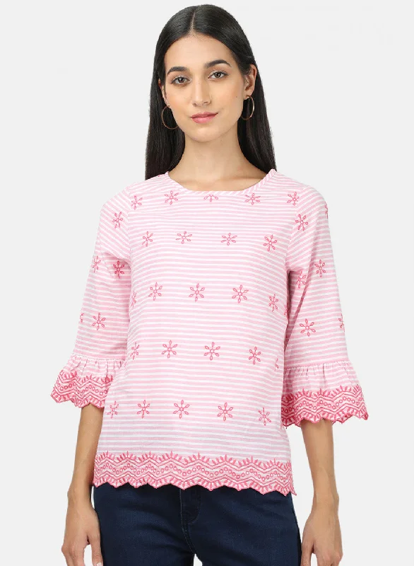 Women's Floral Print Outfit Womens Pink Embroidered Top