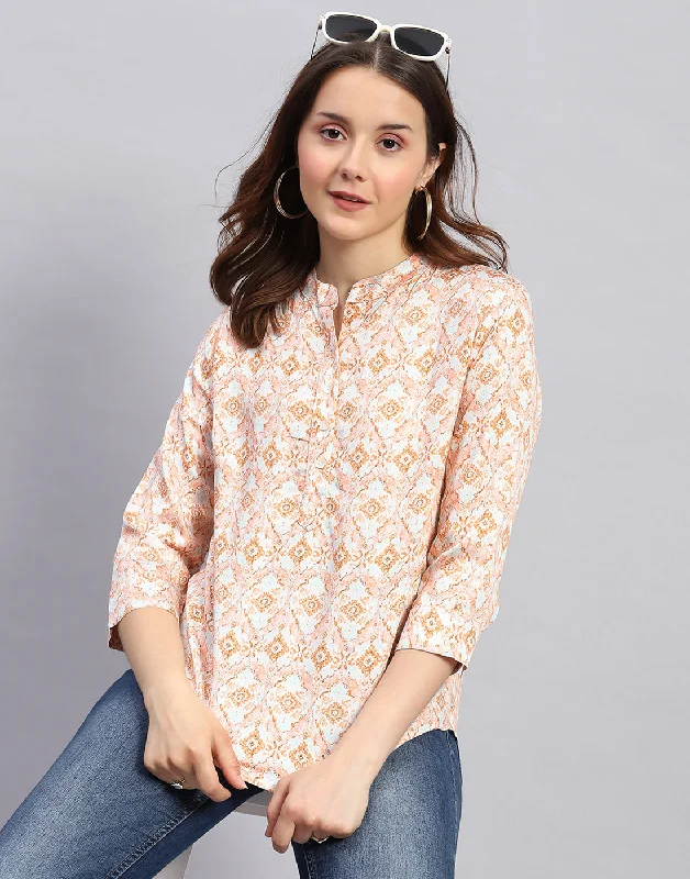 Women's Travel Apparel Women Peach Printed  Mandarin Neck 3/4 Sleeve Top