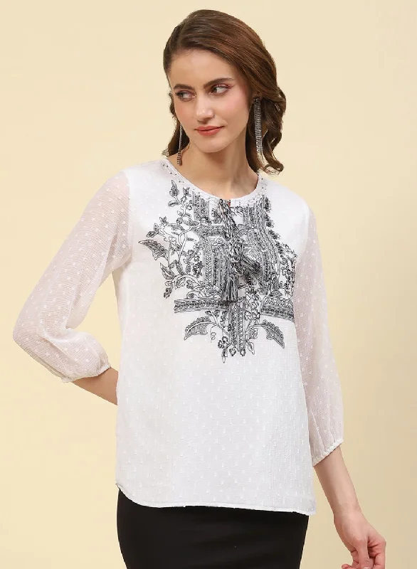 Women's Clothing Outfit Set Women White Embroidered Top