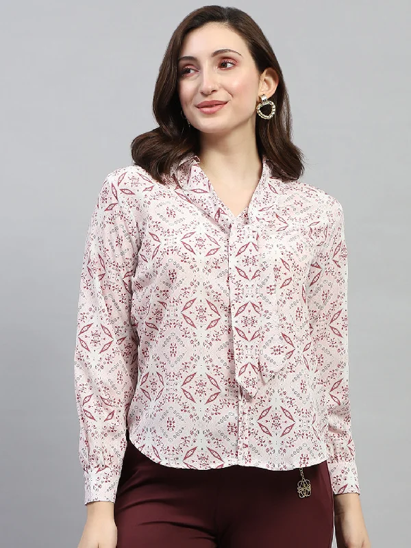 Women's Clothes For Work Events Women Pink Printed Collar Full Sleeve Top