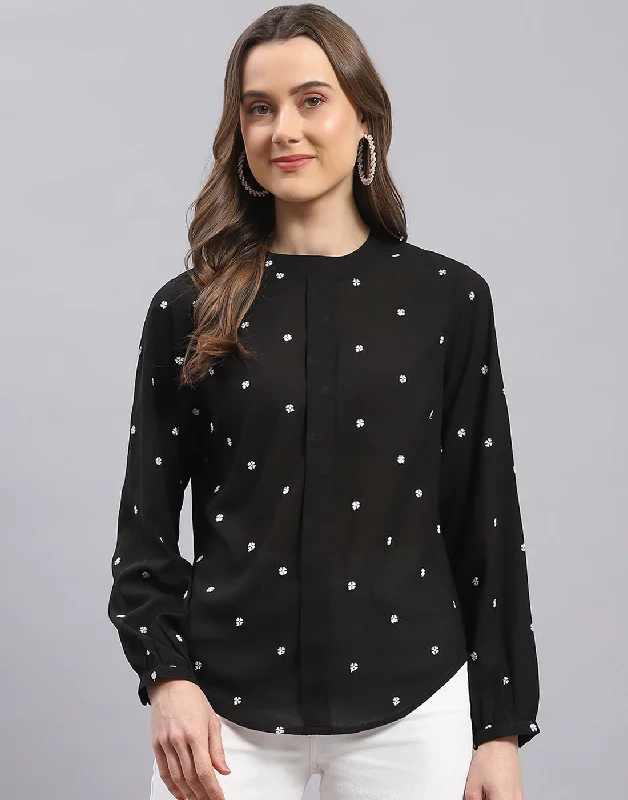 Formal Attire For Women Women Black Embroidered Round Neck Full Sleeve Top