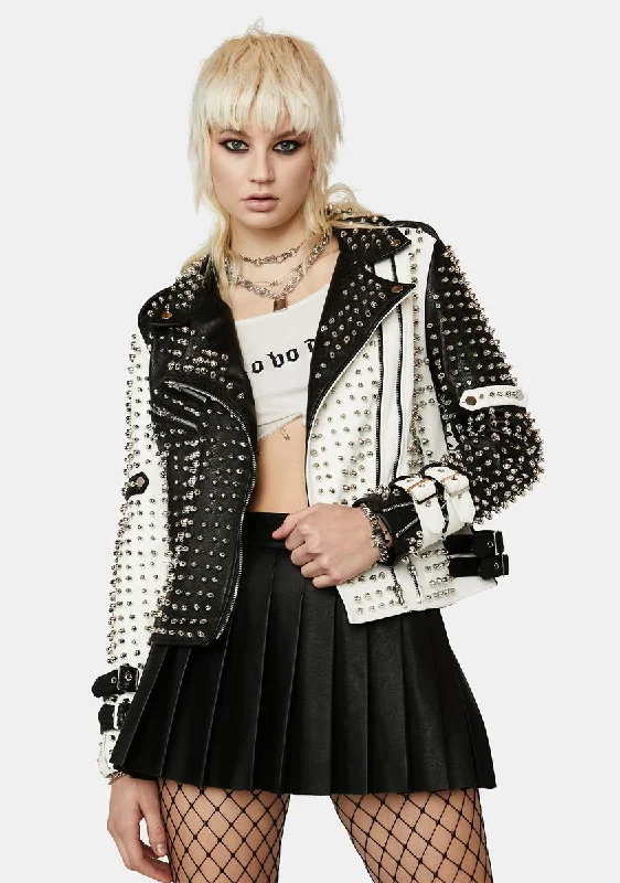 Women's Elegant Evening Outfit Black White Moto Jacket