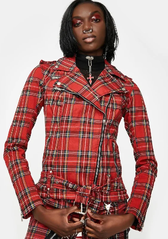 Comfortable Garments For Women Red Plaid Wild Child Moto Jacket