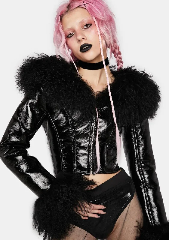 Affordable Women's Clothes Black Fur Collar Double Sided Patent Leather Cropped Jacket