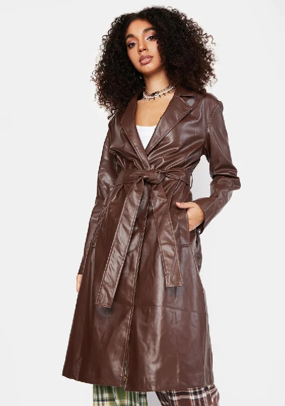 Women's Stylish Professional Apparel Dark Brown Faux Leather Coat