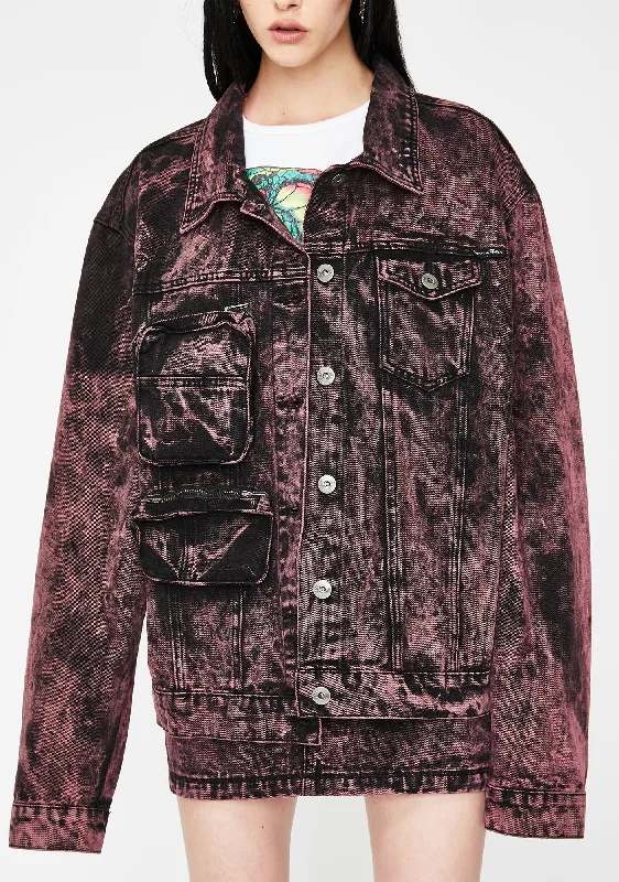 Affordable Women's Apparel Black & Pink Acid Wash Denim Jacket