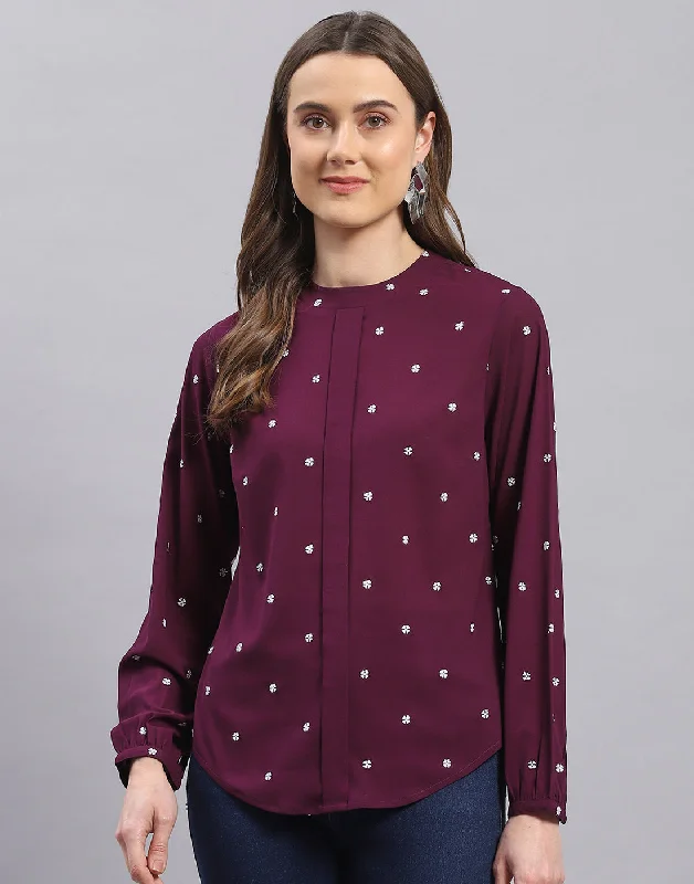 Women's Attire Women Purple Embroidered Round Neck Full Sleeve Top