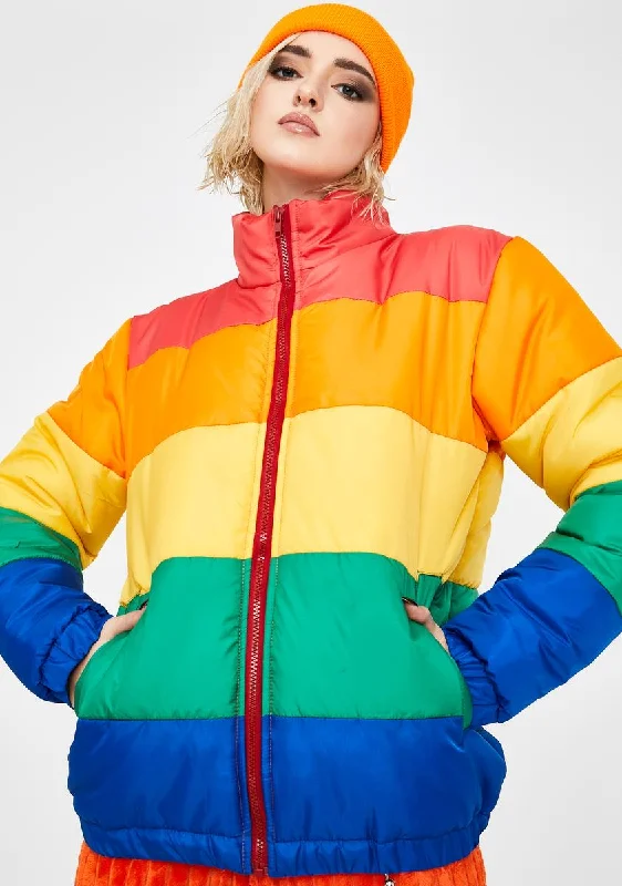 Women's Casual Apparel Rainbow Colorblock Puffer Jacket