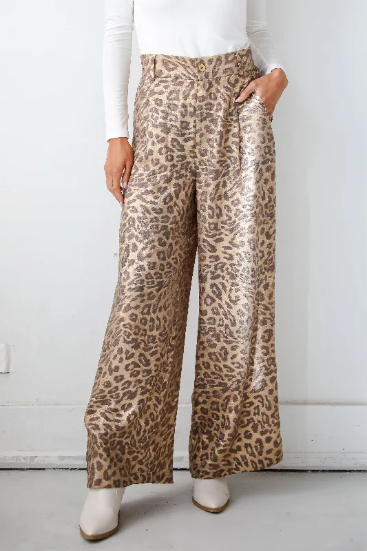 Women's High-End Clothing Wildly Poised Leopard Metallic Trouser Pants