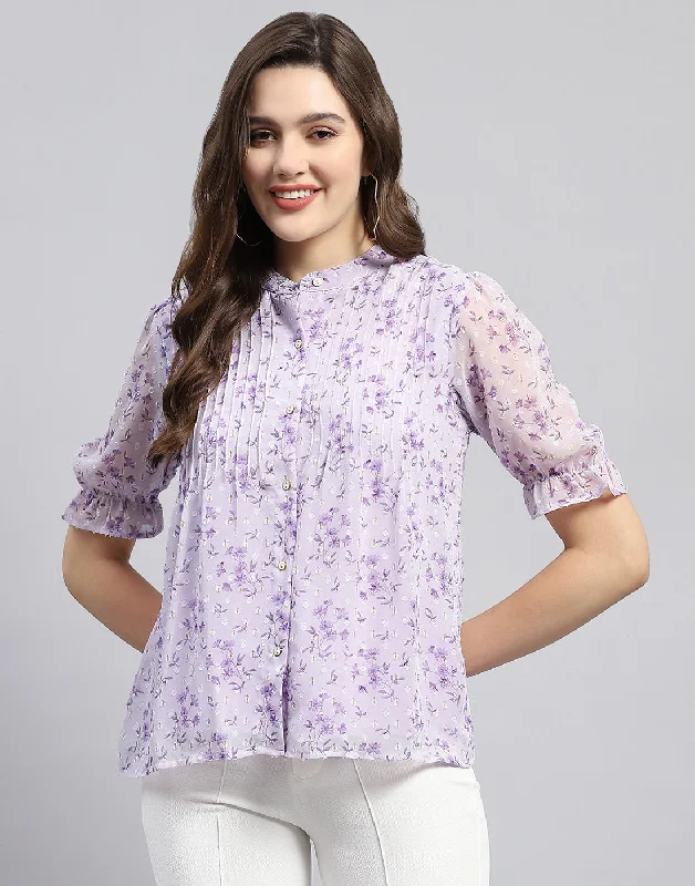 Women's Apparel And Garments Women Purple Printed Mandarin Neck Half Sleeve Top