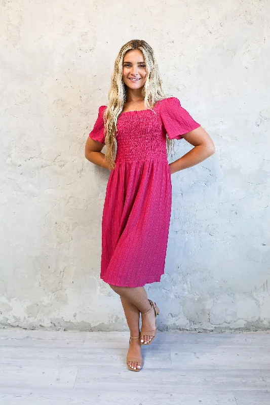 Women's Chic Outerwear Outfit The Sage Midi Dress in Fuchsia Pink- FINAL SALE