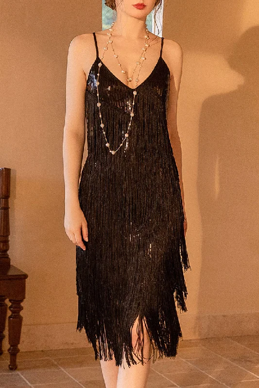 Women's Functional Apparel For Outdoor Activities 1920s Gatsby V Neck Sequined Layered Fringe Flapper Midi Dress - Black