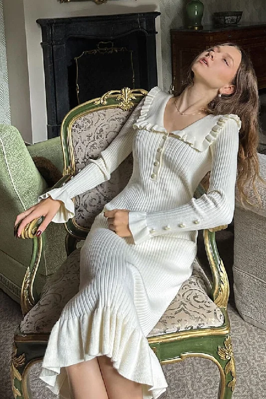 Casual Chic Women's Clothes French Peter Pan Collar Half Button Ruffle Long Sleeve Sweater Midi Dress - Cream