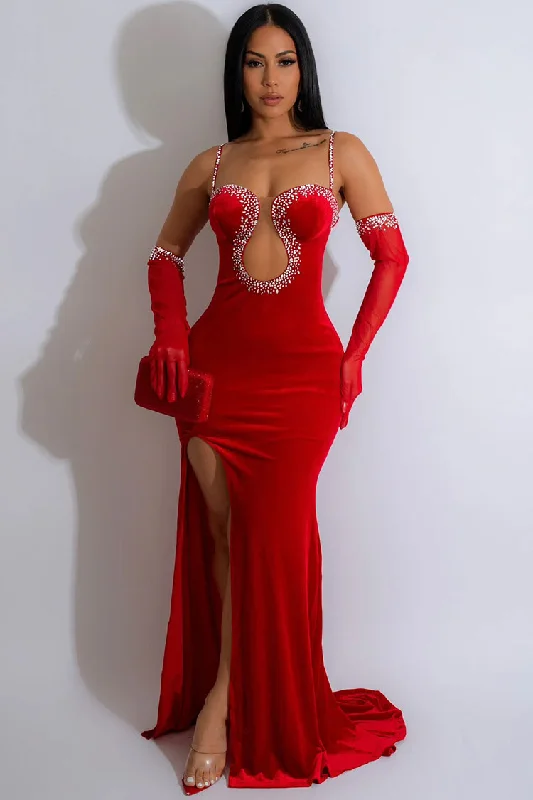 Women's Evening Apparel Glamorous Gloved Rhinestone Sweetheart Neck Velvet Evening Maxi Dress - Red