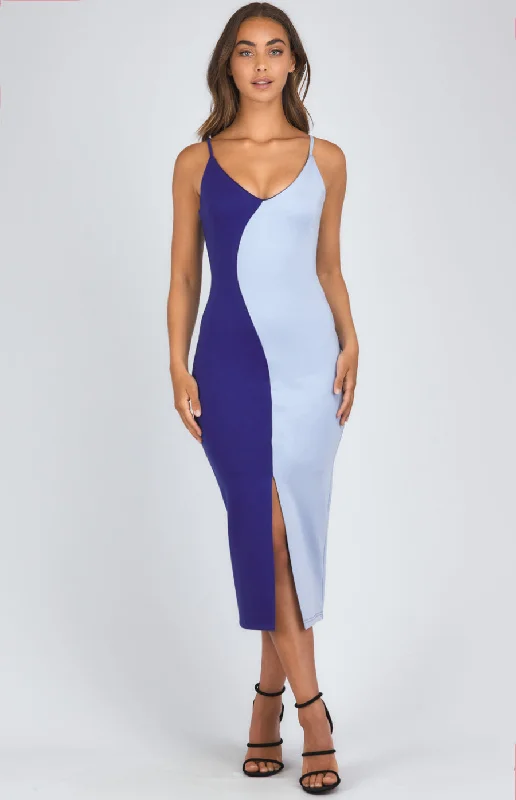 Women's Travel Garments Block Colour Midi Dress With Front Split Detail