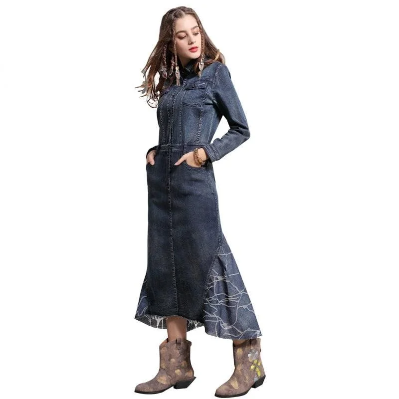 High-Fashion Women's Clothing Collar Vintage Denim Patchwork Mermaid Long Dress