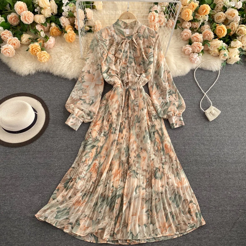 Women's Comfortable Garments Elegant Bow Puff Sleeve High Waist Floral Maxi Dress