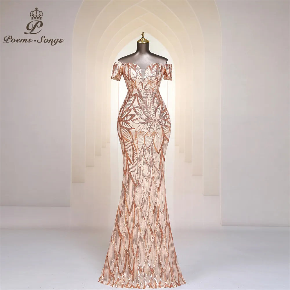 Women's Activewear Garments Gold Sequins Trumpet Long Evening Dress Off Shoulder Maxi Dress