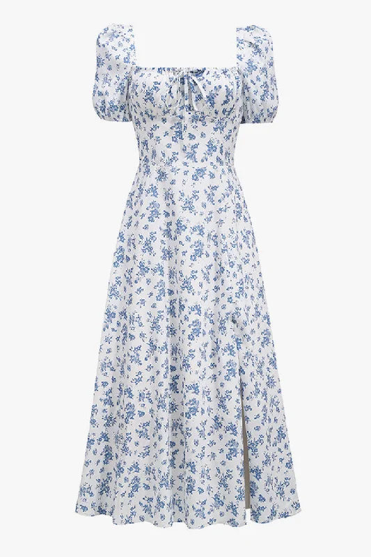 Timeless Women's Outfit Puff Sleeve Ditsy Floral Tie Front High Slit Midi Dress - Blue