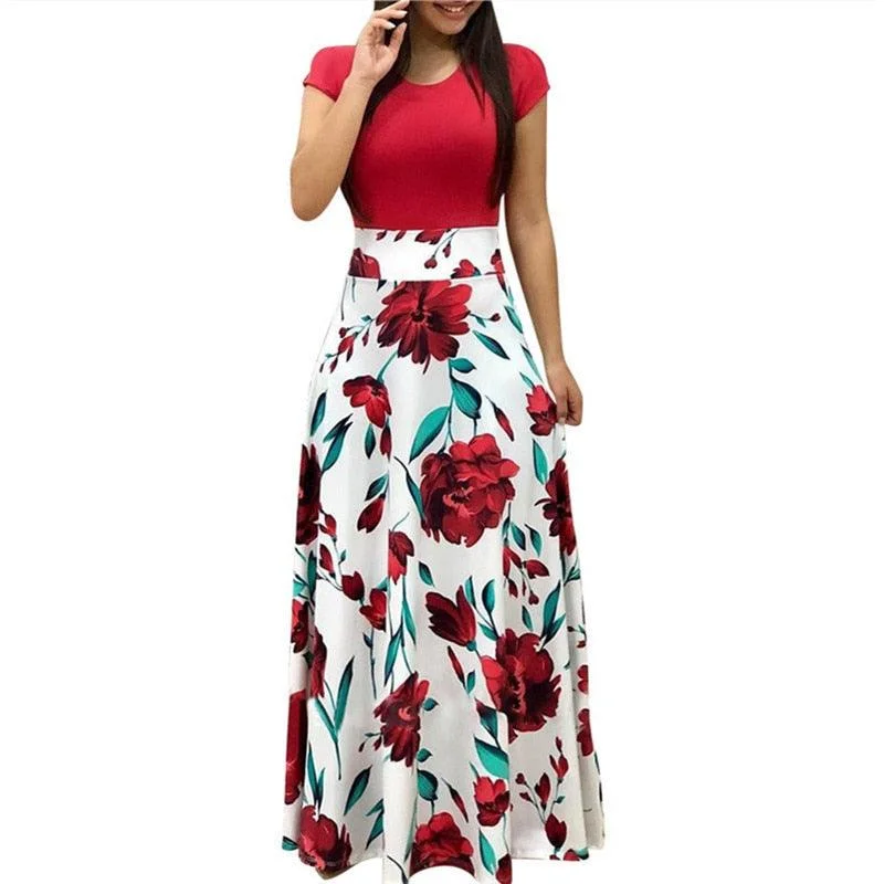 Women's Work Outfit Vintage Floral Print Patchwork Long Dress