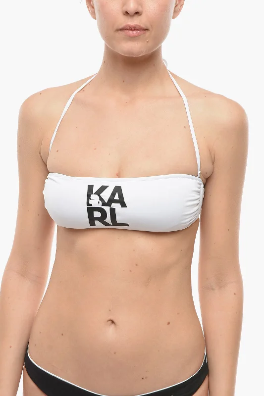 Women's Office Attire Karl Lagerfeld Solid Color Bandeau Bikini Top with Printed Contrasting Logo