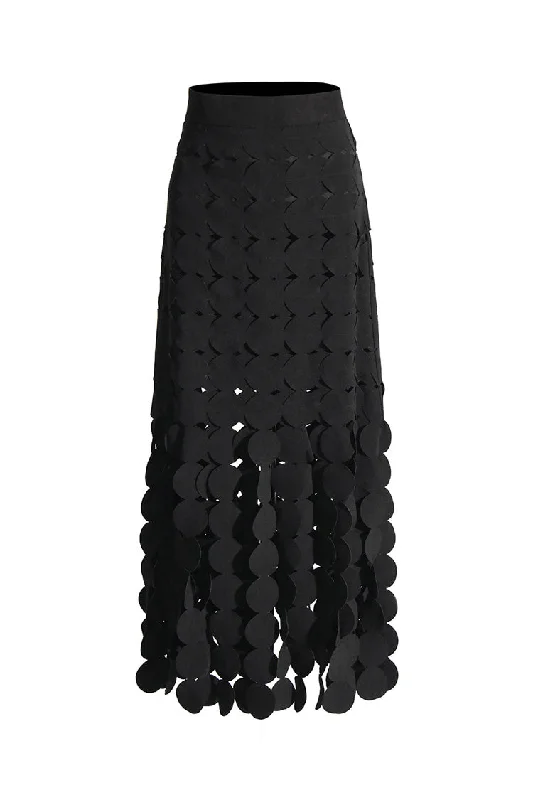 Women's Apparel Creative High Waist Laser Cut Out Circle Guipure Lace Fringe Maxi Skirt