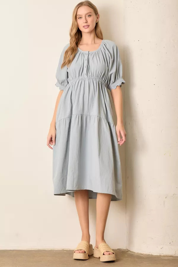 Chic Clothes For Women The Parker Tiered Midi Dress in Dusty Blue