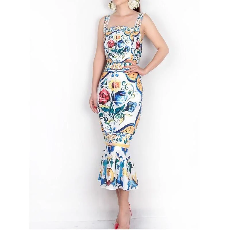 Women's Vacation Outfit Set Spaghetti Strap Luxury Porcelain Print Silk Trumpet Sheath Mid-Calf Square Collar Midi Dress