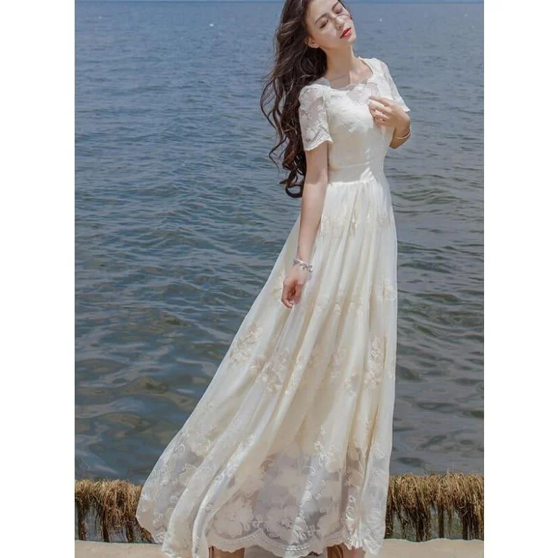 Women's Fashionable Attire For Work High Quality Stylish Short Sleeve Flower Embroidery A Patterned  Lace Long Maxi Dress