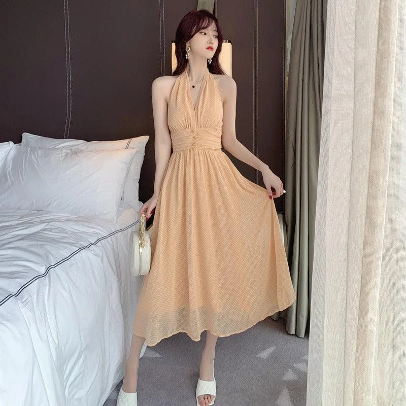 Women's Chic Outfit Apricot Chiffon V-Neck Sleeveless Backless Midi Dress