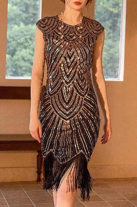 Women's Relaxed Outfit 1920s Gatsby Round Neck Fitted Sequin Fringe Flapper Midi Dress - Gold