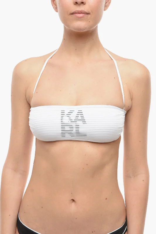 Women's Evening Wear Attire Karl Lagerfeld Solid Color Bandeau Bikini Top with Printed Contrasting Logo