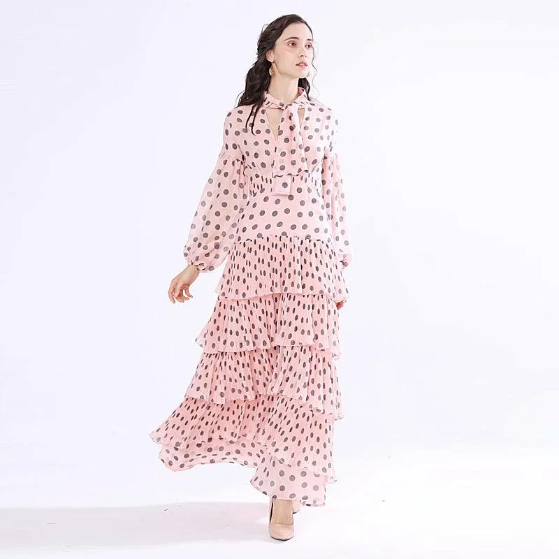 Women's Night-Out Clothes Pink Polka Dot Elegant Tiered Ribbon Dress