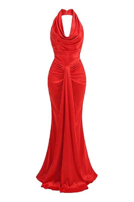 Casual Apparel For Women Silky Satin Halter Cowl Neck Draped Ruched Fishtail Evening Maxi Dress