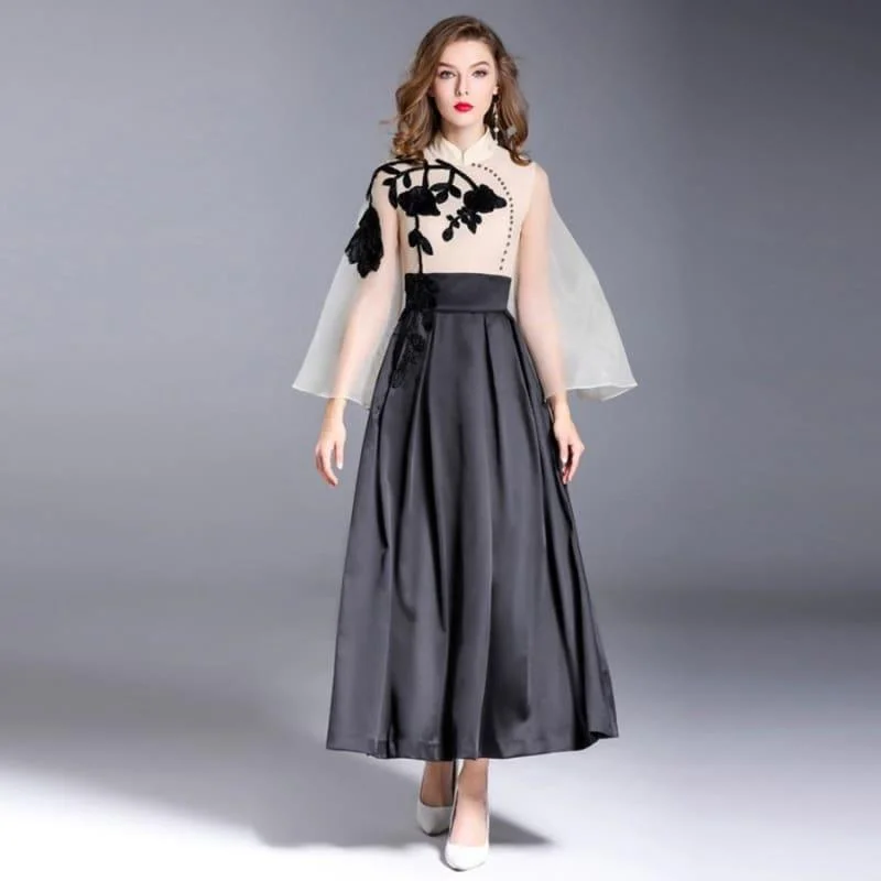 Women's Timeless Attire Vintage Organza Embroidery Spring Turtleneck Beading Flare Long Sleeve Maxi Dress