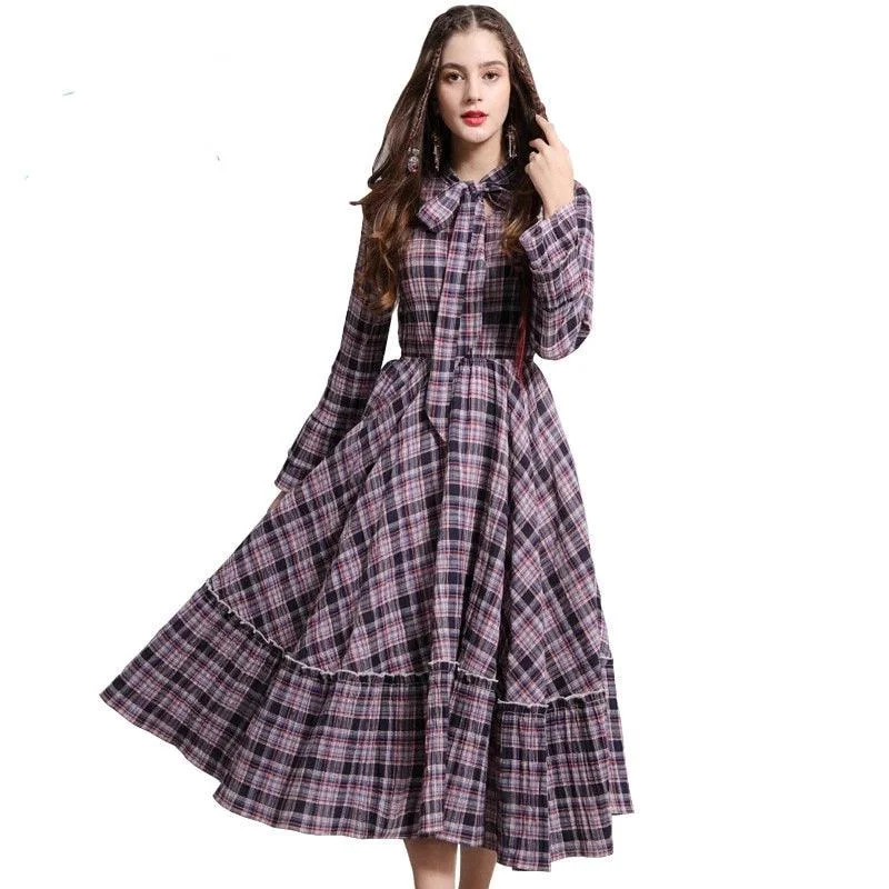 Women's Seasonal Clothing Plaid Flare Sleeve A-Line Swing Drawstring Collar Dress