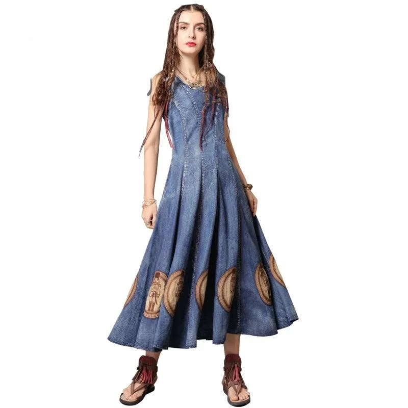 Women's Formal Event Outfit O-Neck Sleeveless Swing Hem Layered Denim Dress