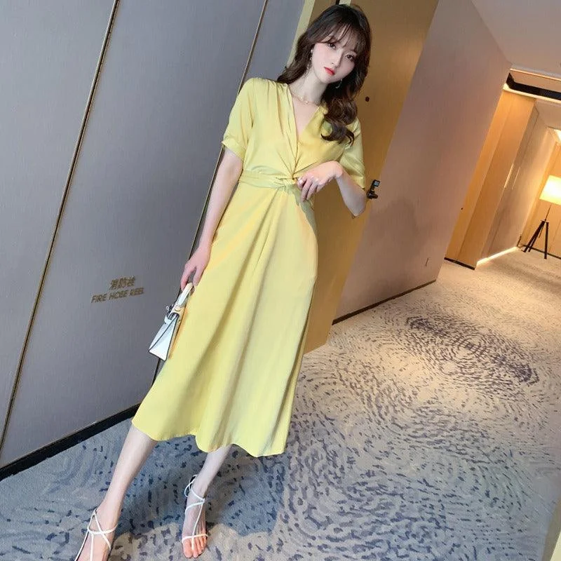 Plus-Size Women's Clothing Yellow Ruffle V Neck Elegant Casual Dress