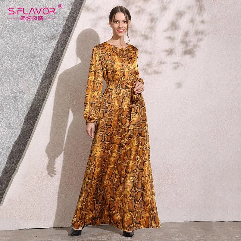 Women's Comfortable Lounge Outfit Sleeved Snakeskin Dress