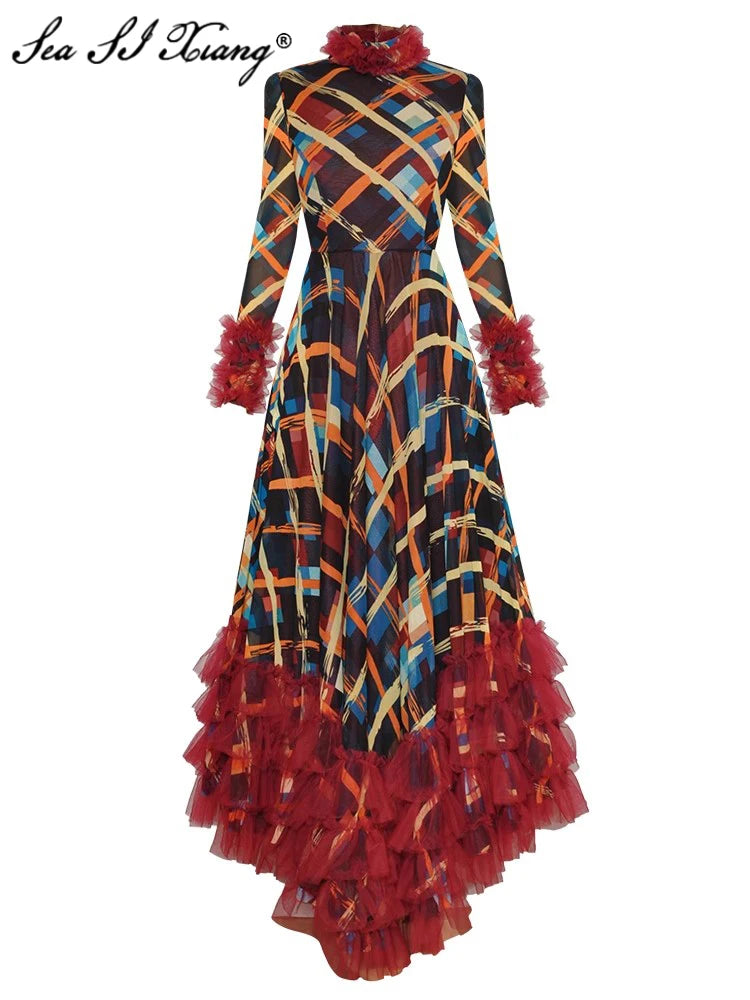 Vintage-Inspired Garments Asymmetrical High Collar Long Sleeve Plaid Print Ruffle Elegant Maxi Dress