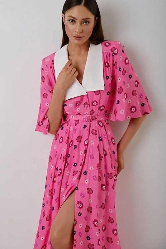 Stylish Outerwear Clothes For Women French Spread Collar Short Sleeve Button Down Floral Midi Dress - Pink