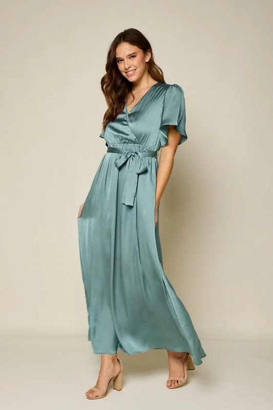 Casual Attire For Women The Lisbon Dull Satin Maxi Dress in Pale Teal FINAL SALE