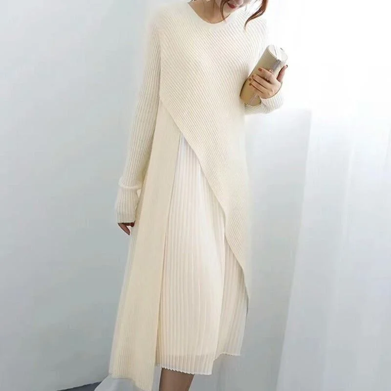 Women's Classic Outfit One Size  Sweater Pleated  Long Sleeve  Midi Dress