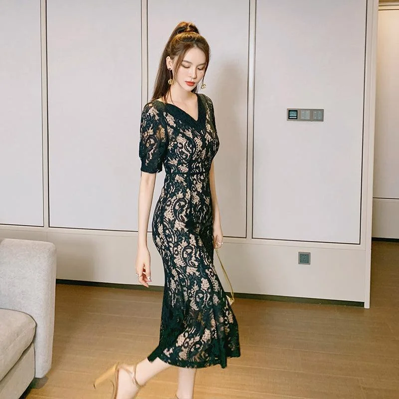 Women's Party Outfit Black Lace Transparent Nude Midi Dress